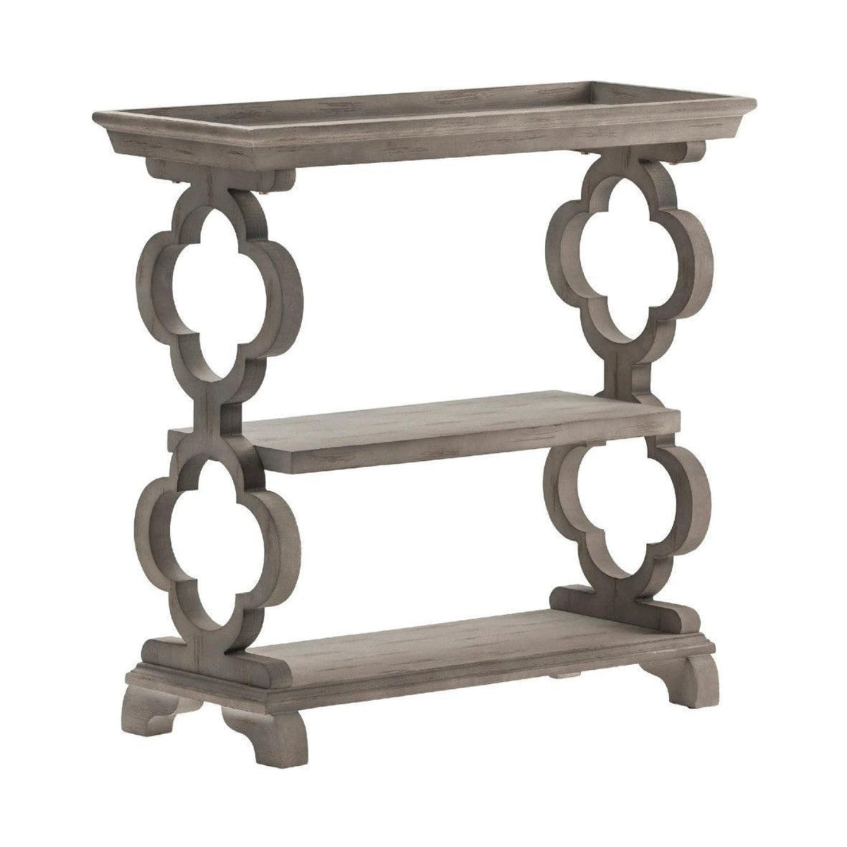Crestview Collection Chelsea 36" x 14" x 35" Transitional Wood Tray Top Quatrefoil Console Table In Distressed Gray Finish - CVFZR2238