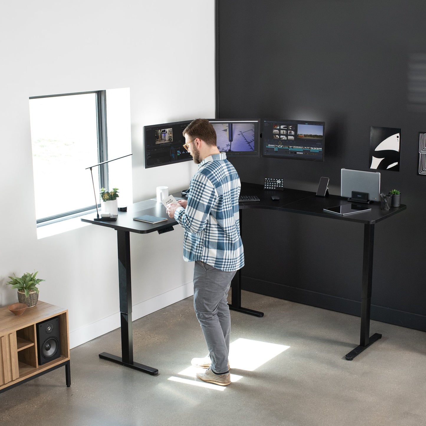 VIVO E3 Series - Curved Corner Triple Motor Electric Desk with Push Button Memory Controller - DESK-KIT-E3CB2