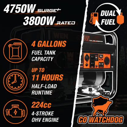WEN DF472X 4,750-Watt 120V/240V Dual Fuel Portable Generator with CO Watchdog - DF472X