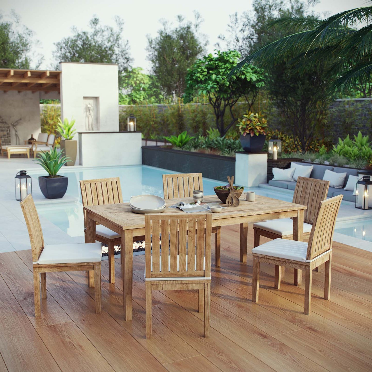 Modway Furniture Marina 7 Piece Outdoor Patio Teak Dining Set by Modway –EEI-3207-NAT-WHI-SET