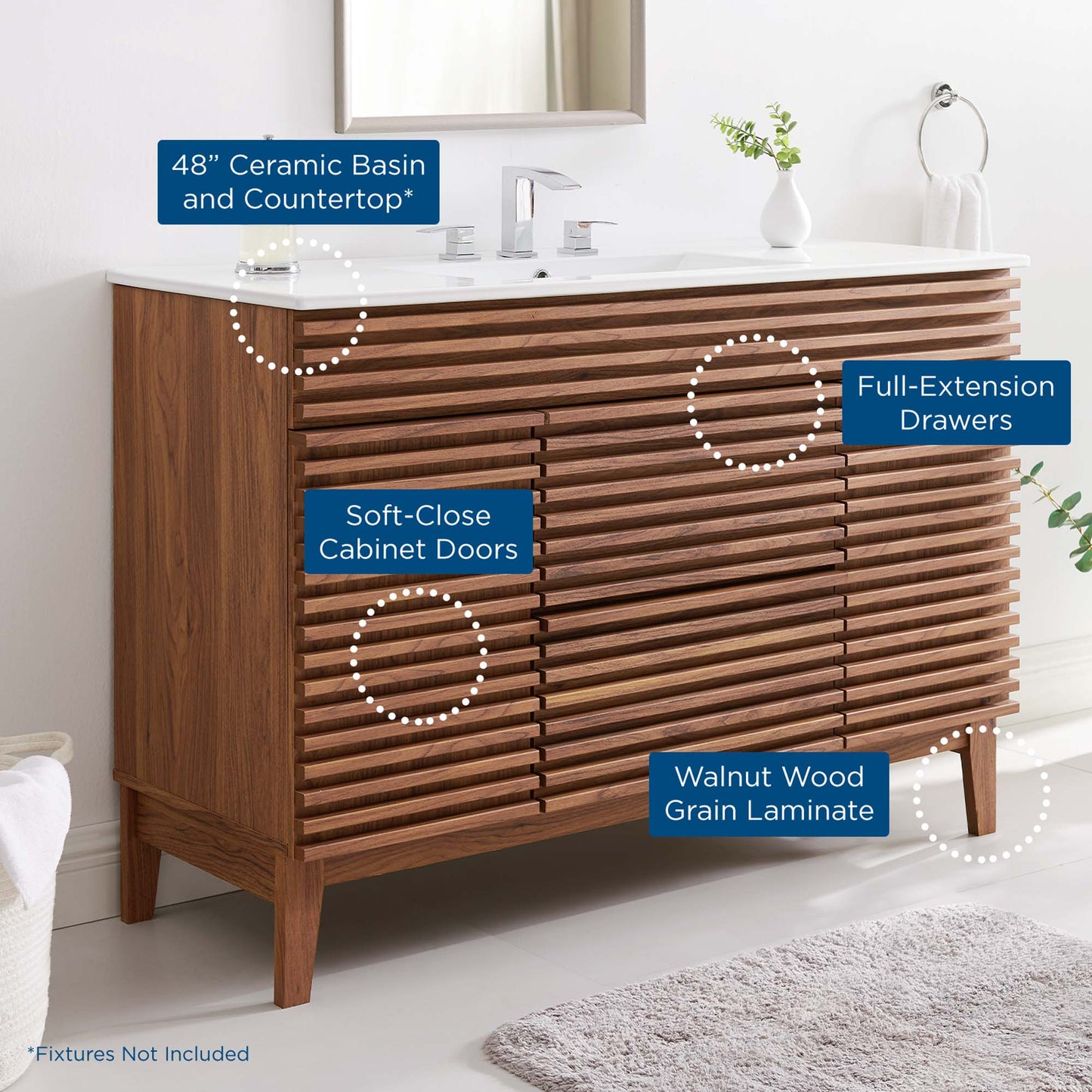 Modway furniture Render 48" Bathroom Vanity with White Basin Included - EEI-4439-WAL-WHI