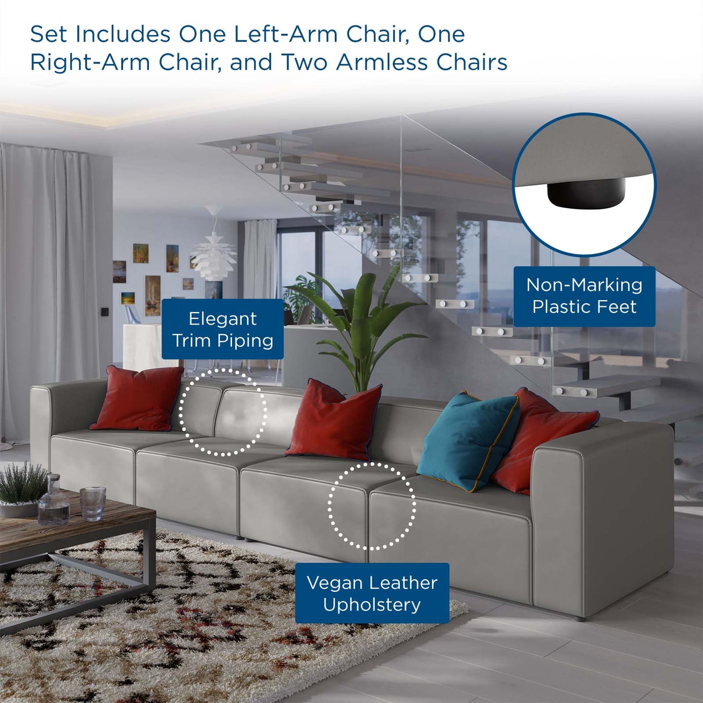 Modway furniture Mingle Vegan Leather 4-Piece Sectional Sofa - Stylish, Comfortable Seating for Modern Living Spaces - EEI-4793-GRY