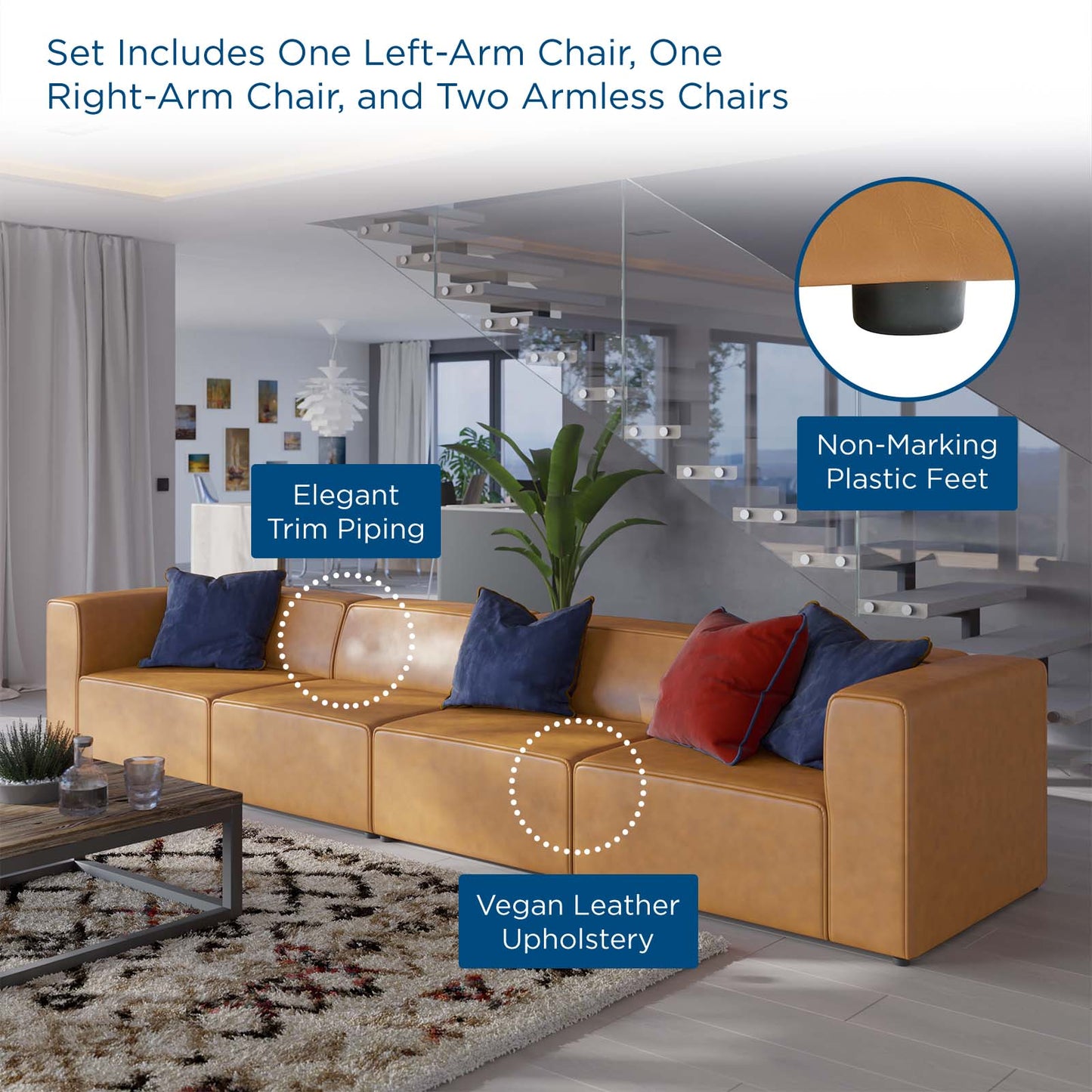 Modway furniture Mingle Vegan Leather 4-Piece Sectional Sofa - Stylish, Comfortable Seating for Modern Living Spaces - EEI-4793-GRY