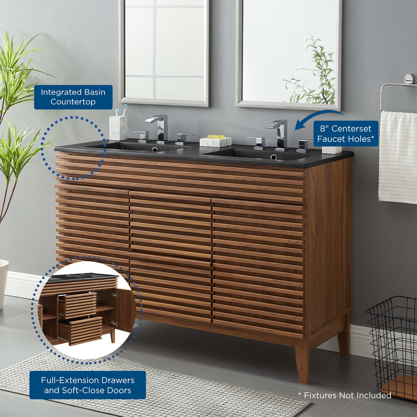 Modway furniture Render 48" Bathroom  Vanity with Black Basin Included - EEI-5381-WAL-BLK