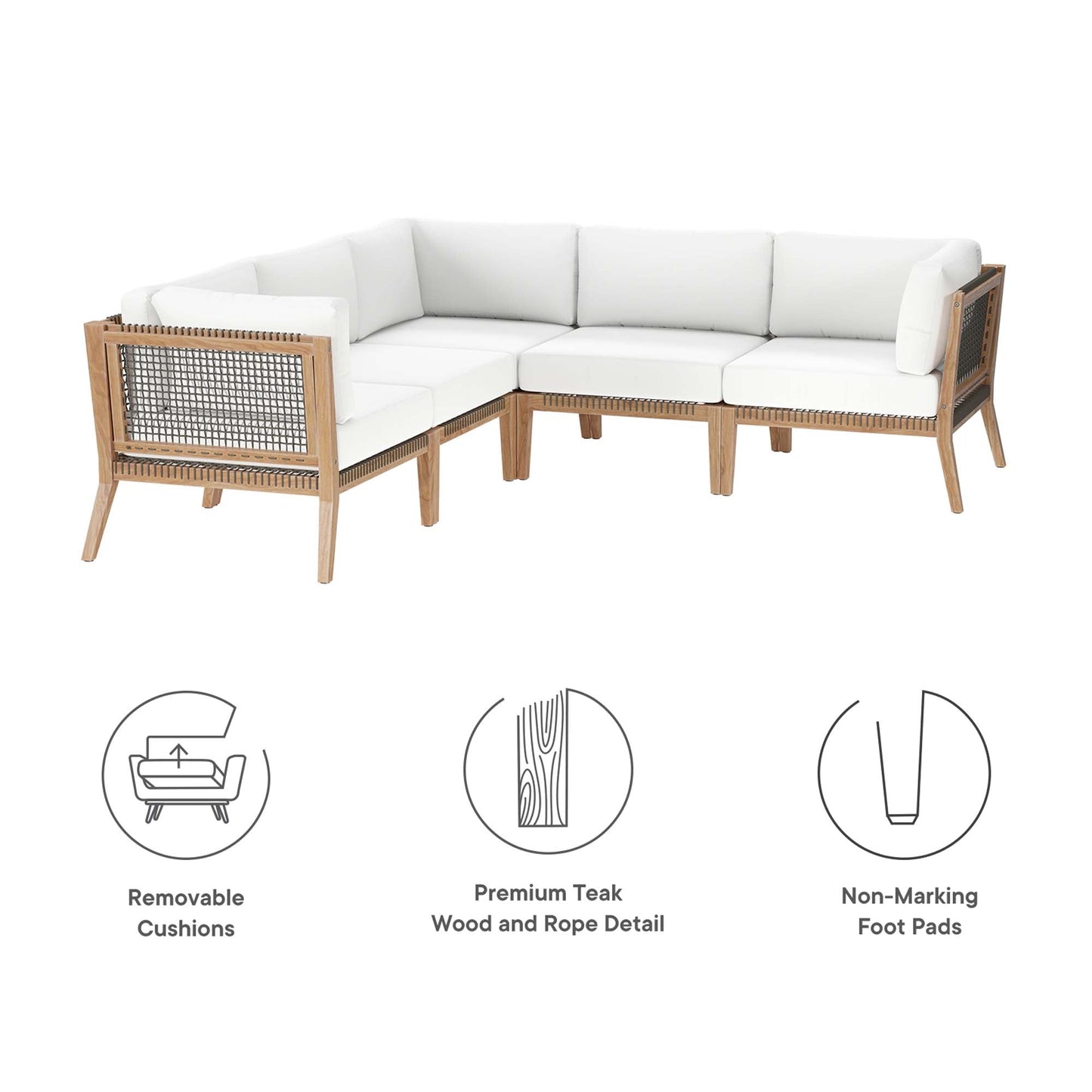Modway Furniture Clearwater Outdoor Patio Teak Wood 5-Piece Sectional Sofa by Modway - EEI-6123-GRY-GPH
