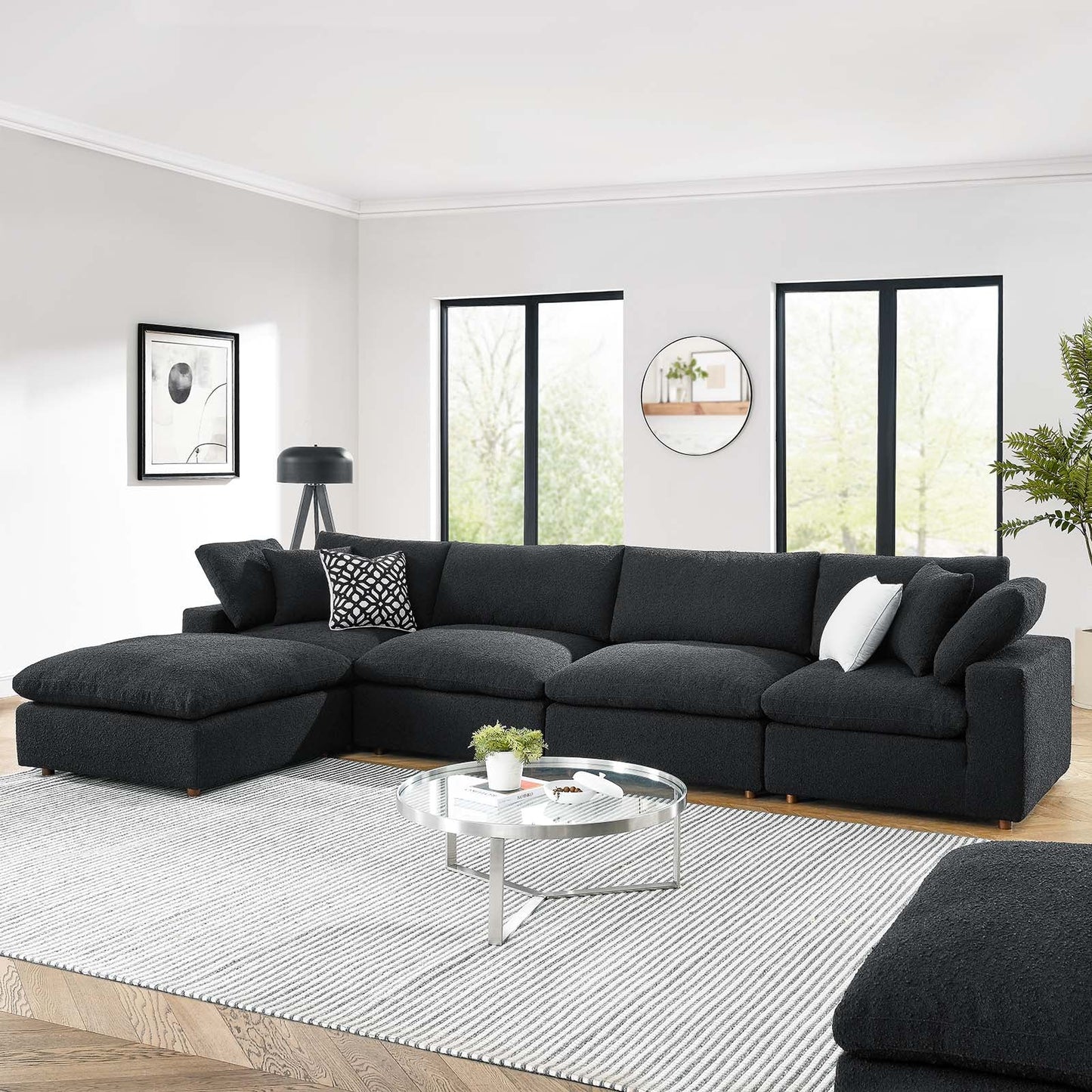 Modway furniture Commix Overstuffed Boucle Fabric Sectional Sofa - Plush Comfort & Modern Design for Cozy Living Spaces - EEI-6365-BLK