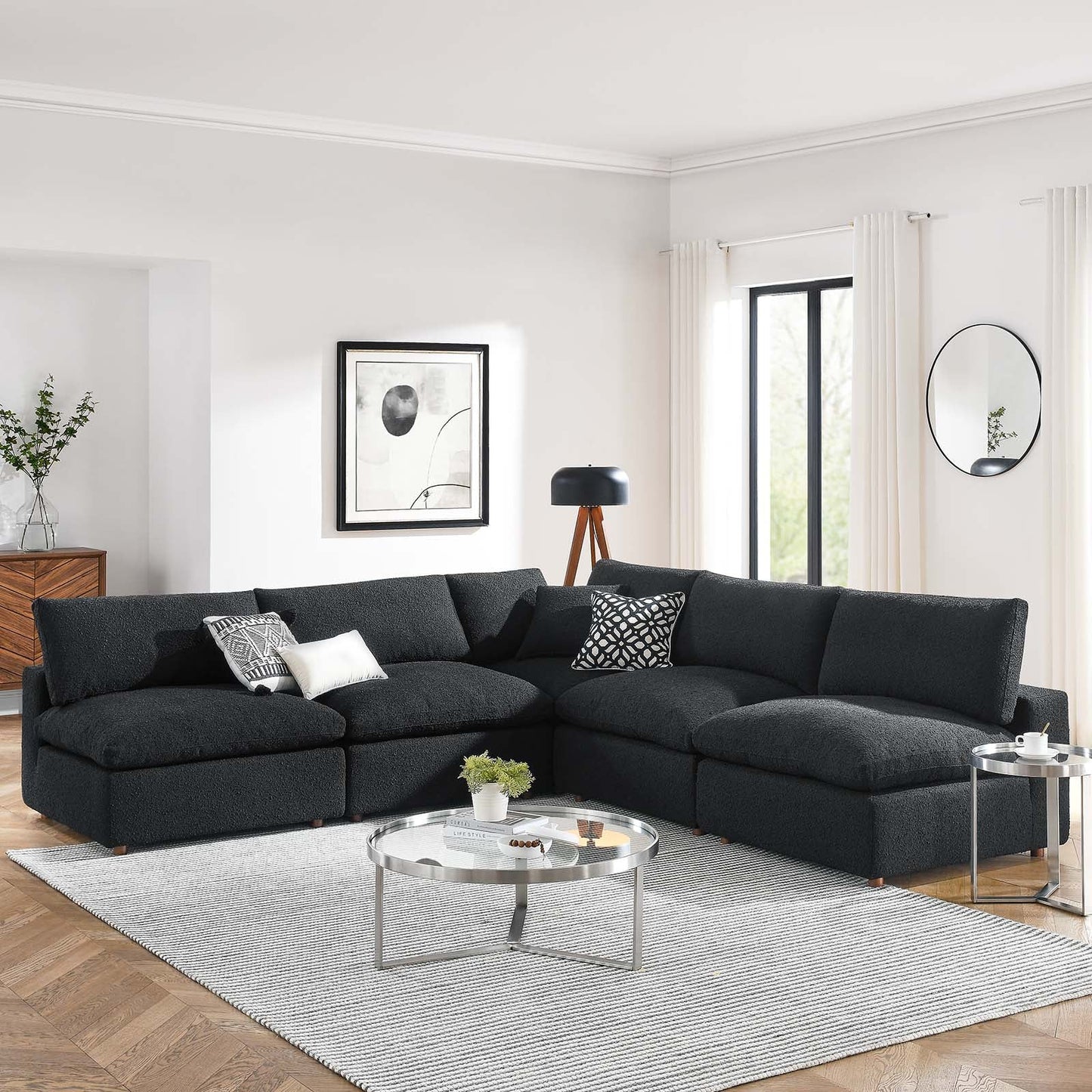 Modway furniture Commix Overstuffed Boucle Fabric Sectional Sofa - Plush Comfort & Modern Design for Cozy Living Spaces - EEI-6365-BLK