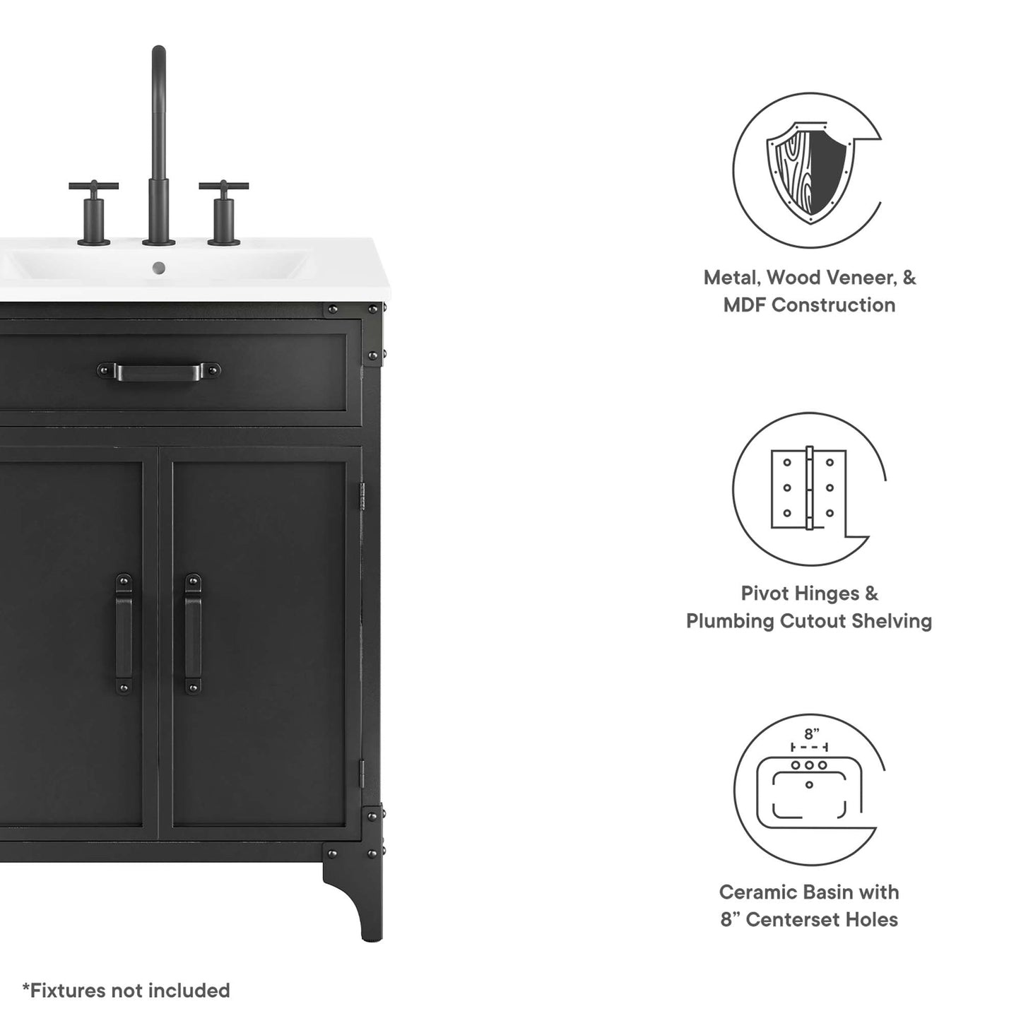 Modway furniture Steamforge Bathroom Vanity Basin Included - EEI-6413-WHI-BLK