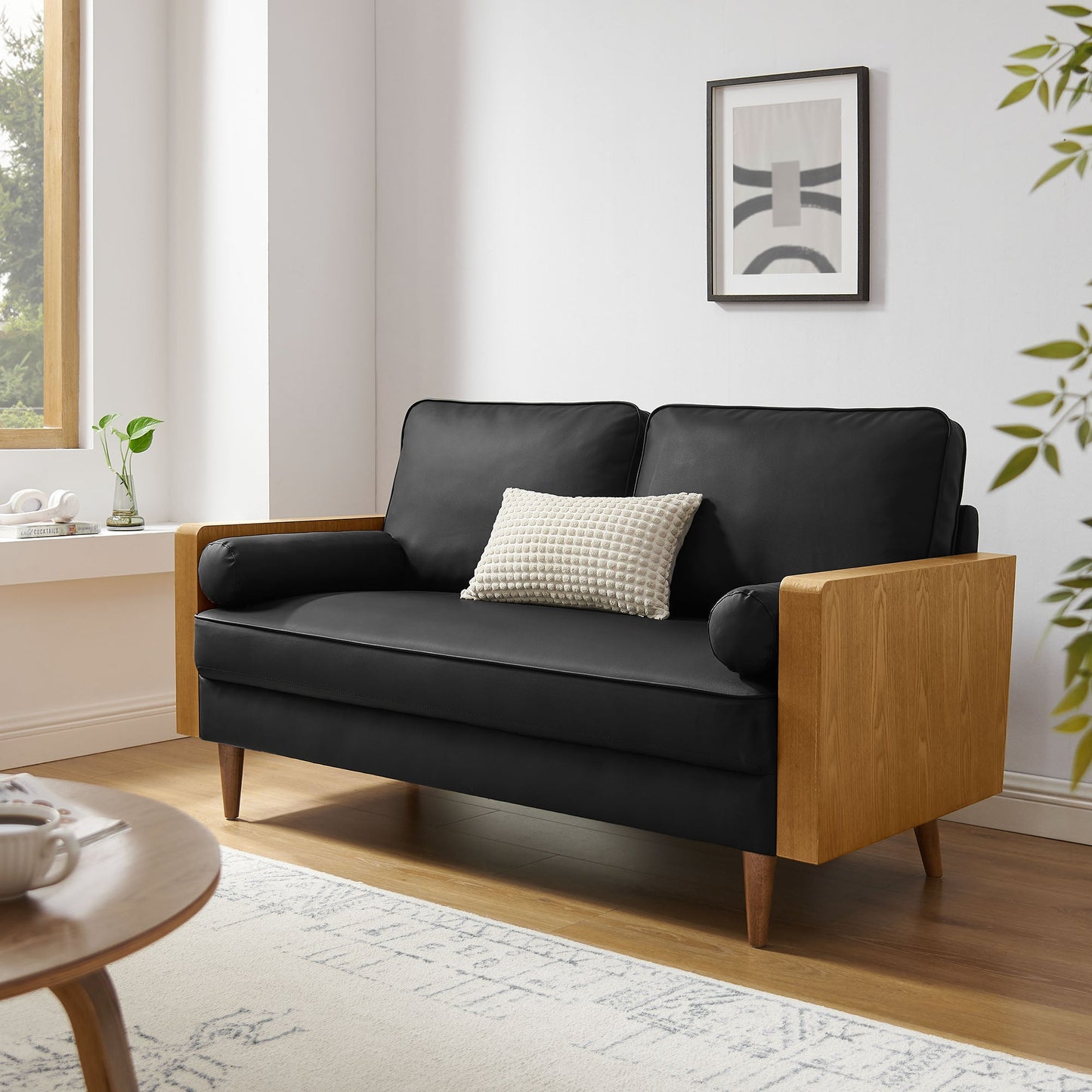 Modway Furniture Vegan Leather Loveseat - Chic Mid-Century Modern Design for Stylish Small Spaces & Comfort - EEI-6943-WAL-TAN