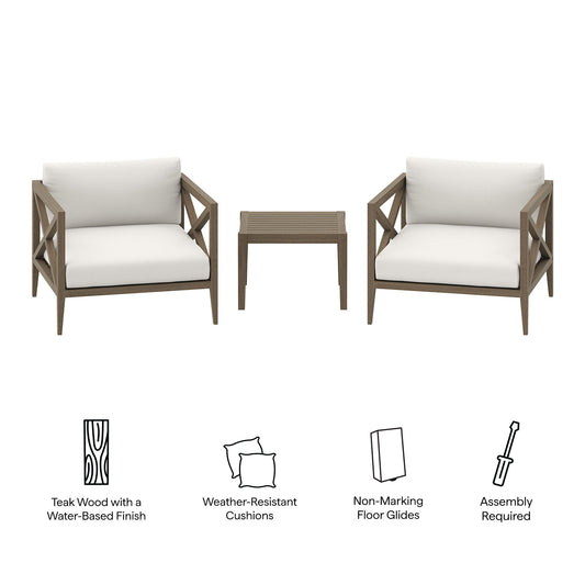 Modway Furniture Northlake 3-Piece Outdoor Patio Teak Wood Furniture Set with Armchair and Side Table - EEI-7275-WGR-WHI