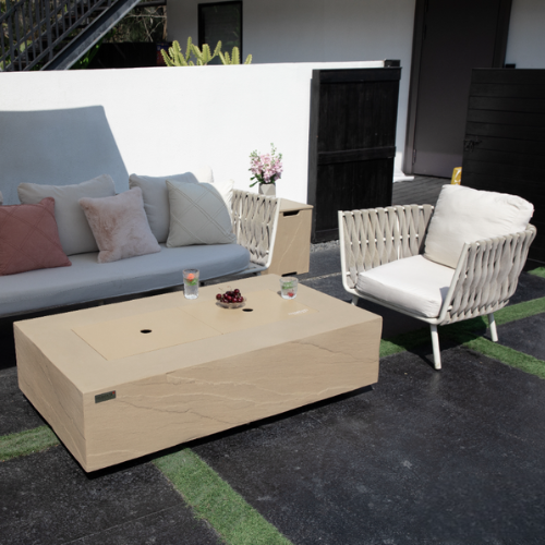 Elementi Plus Sunlight Yellow Colorado Fire Table with lid outdoors
