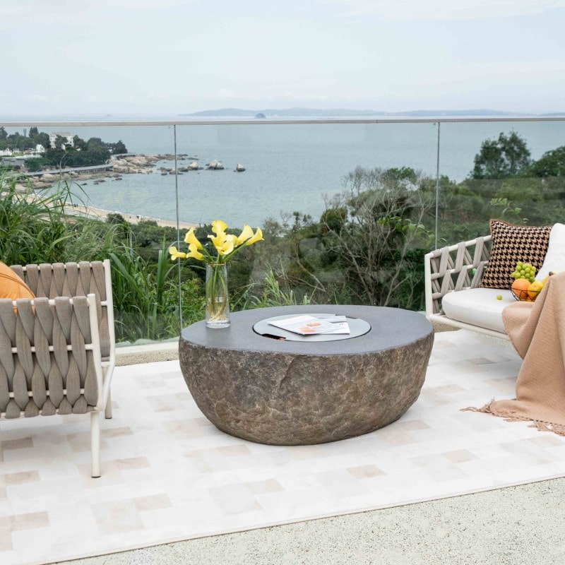 Elementi Boulder Fire Pit Outdoor Setup with Stainless Lid