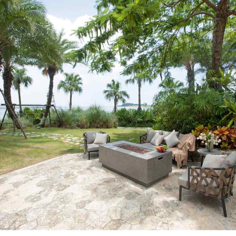 Elementi Andes Fire Table Light Grey no flame backyard set up