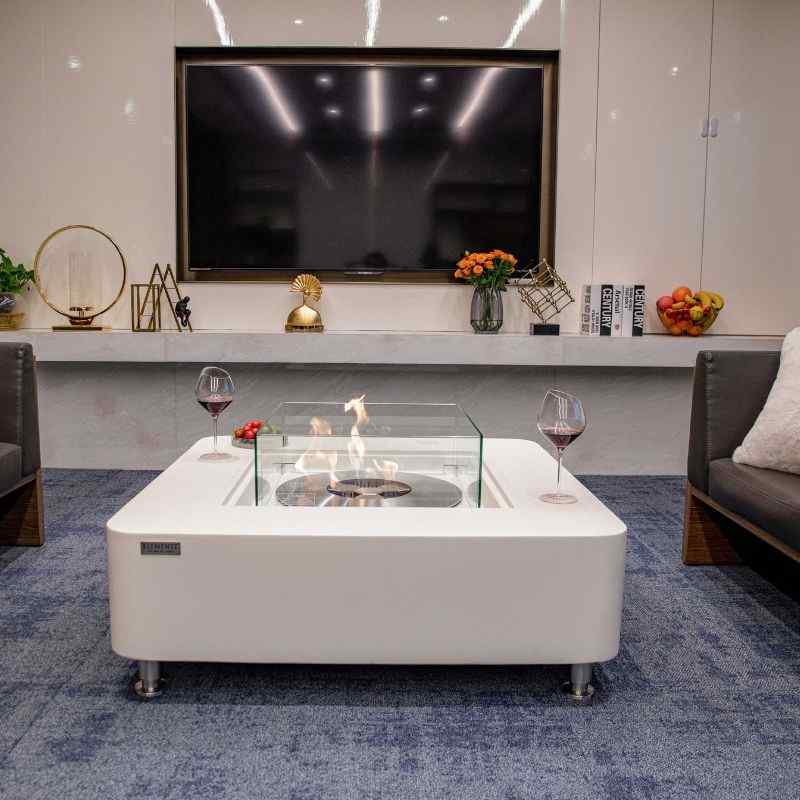 Elementi Perth Ethanol Fire Pit Cream white Front with flame