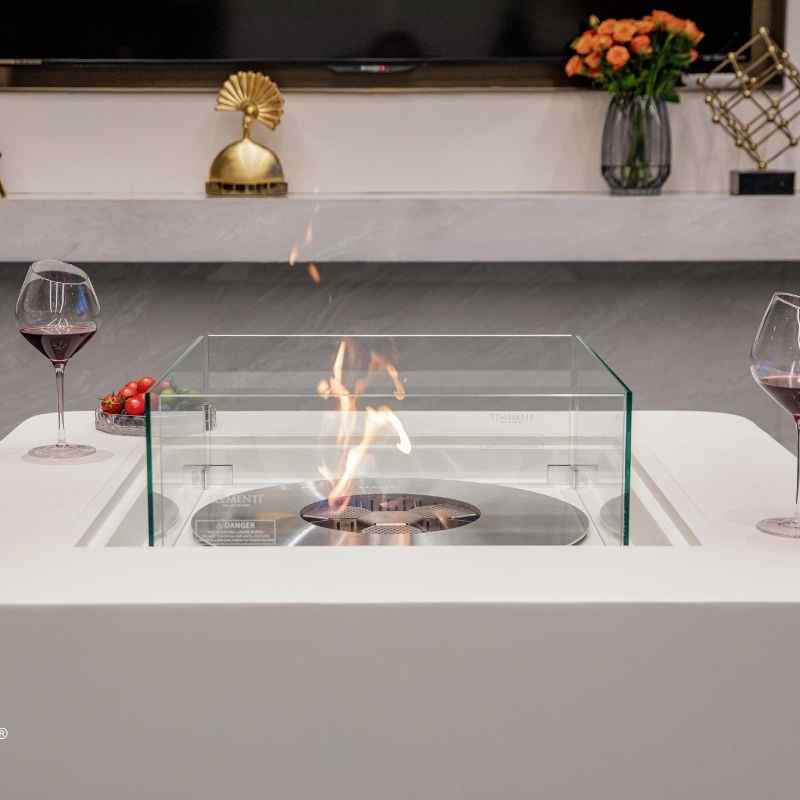 Elementi Perth Ethanol Fire Pit Cream white Front with Flame Set Up