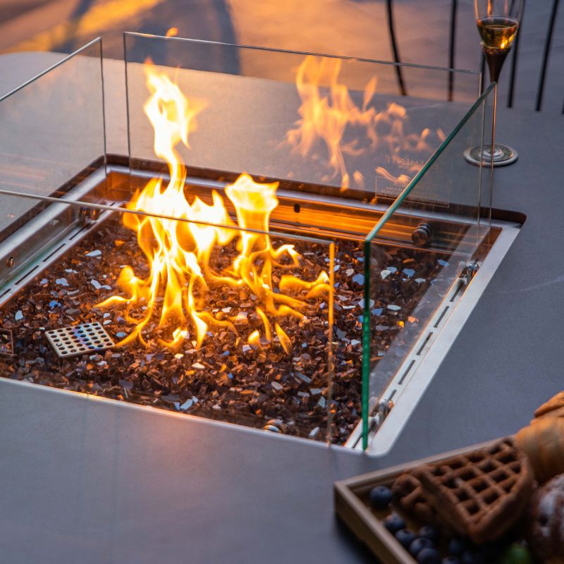 Elementi Plus Brugge Dining Fire Table with close up flame Outdoor Heating