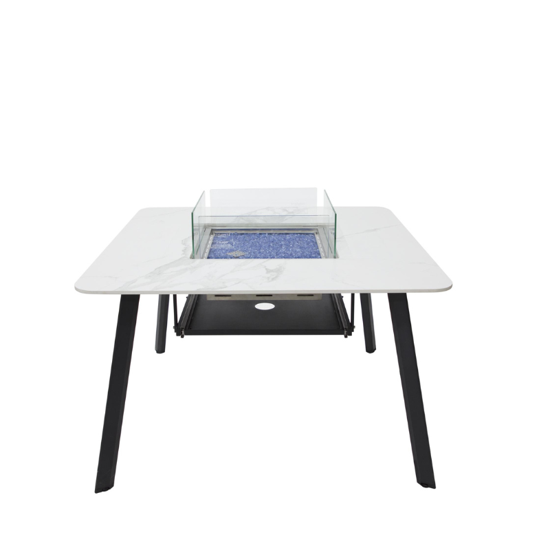 Elementi Plus Helsinki Marble Porcelain Dining fire Table with blue fire glass silo