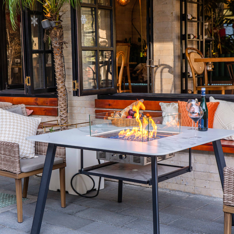 Elementi Plus Helsinki Marble Porcelain Dining fire Table with flame and windscreen Outdoor