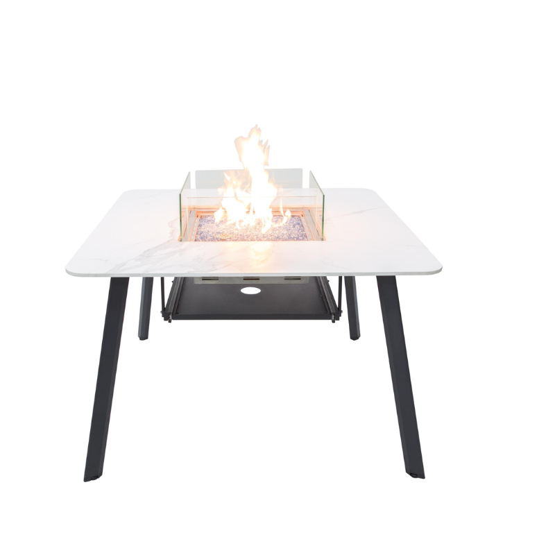 Elementi Plus Helsinki Marble Porcelain Dining fire Table with flame and windscreen silo