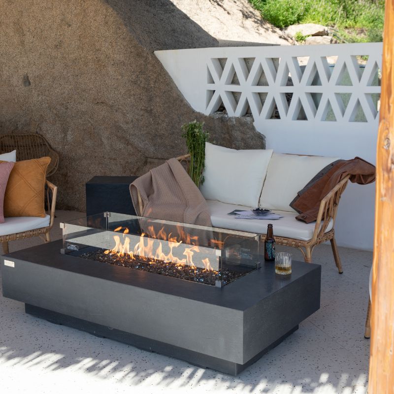 Elementi Plus Positano Fire Table with flame and windscreen set up