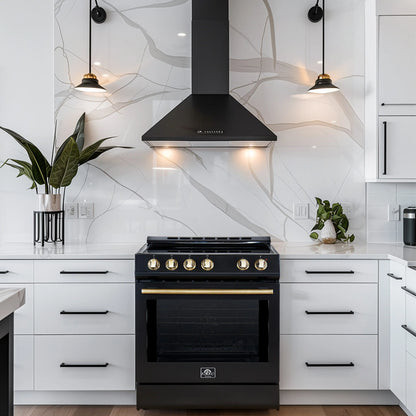 Forno 5-Piece Appliance Package - 30-Inch Electric Range, Under Cabinet Range Hood, French Door Refrigerator, Dishwasher, and 30-Inch Microwave Drawer in Black with Antique Brass Trim - APR5-6012-30BLK-MWD30
