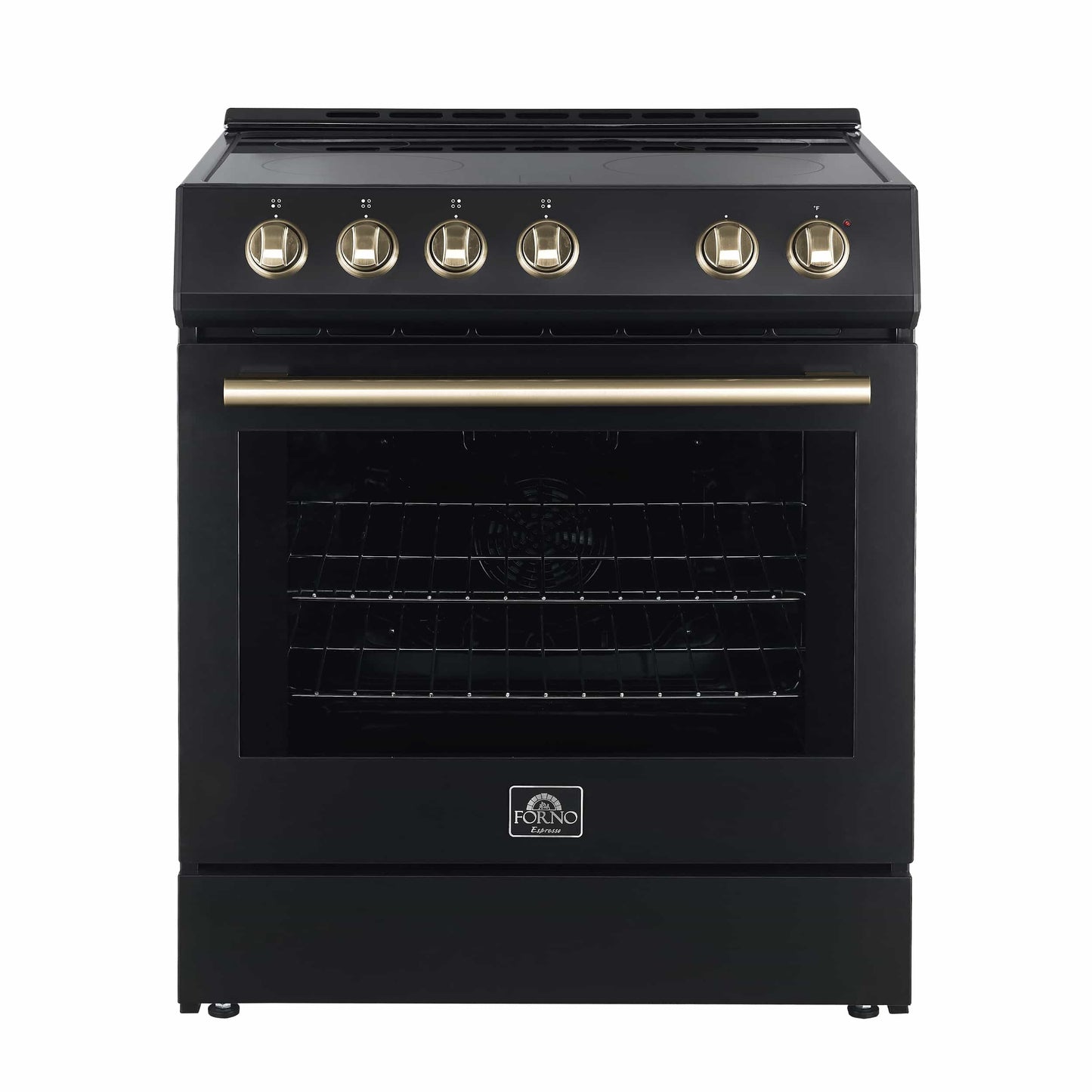 Forno 5-Piece Appliance Package - 30-Inch Electric Range, Under Cabinet Range Hood, Refrigerator with Water Dispenser, Dishwasher, and  Microwave Drawer in Black with Antique Brass Trim - APW5-6012-30BLK