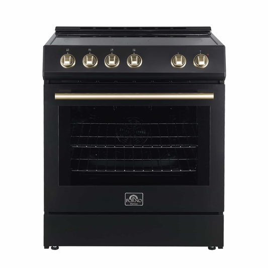 Forno 5-Piece Appliance Package - 30-Inch Electric Range, Under Cabinet Range Hood, Refrigerator with Water Dispenser, Dishwasher, and  Microwave Drawer in Black with Antique Brass Trim - APW5-6012-30BLK