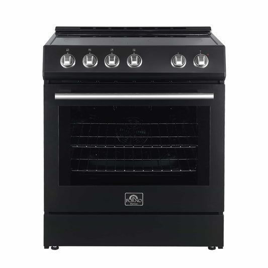 Forno 5-Piece Appliance Package - 30-Inch Electric Range, Under Cabinet Range Hood, Refrigerator with Water Dispenser, Dishwasher, and 30-Inch Microwave Drawer in Black with Stainless Steel Trim - APW5-6012-30BLK-MWD30