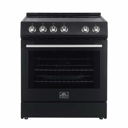 Forno 5-Piece Appliance Package - 30-Inch Electric Range, Under Cabinet Range Hood, Refrigerator, Dishwasher, and 24-Inch Microwave Oven in Black with Stainless Steel Trim - APR5-6012-30BLK-MWO24