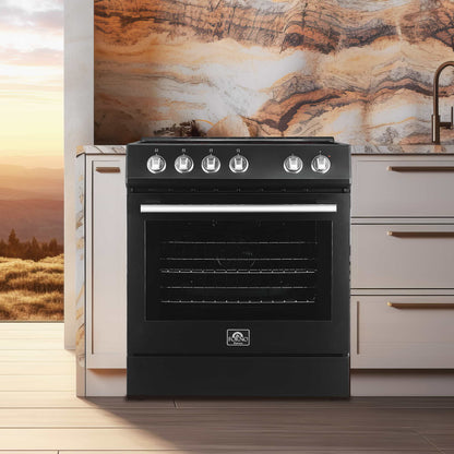 Forno 5-Piece Appliance Package - 30-Inch Electric Range, Under Cabinet Range Hood, Refrigerator with Water Dispenser, Dishwasher, and  Microwave Drawer in Black with Antique Brass Trim - APW5-6012-30BLK