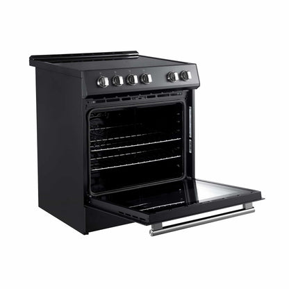 Forno 5-Piece Appliance Package - 30-Inch Electric Range, Under Cabinet Range Hood, Refrigerator with Water Dispenser, Dishwasher, and  Microwave Drawer in Black with Antique Brass Trim - APW5-6012-30BLK