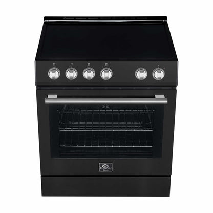 Forno 5-Piece Appliance Package - 30-Inch Electric Range, Under Cabinet Range Hood, Refrigerator with Water Dispenser, Dishwasher, and  Microwave Drawer in Black with Antique Brass Trim - APW5-6012-30BLK