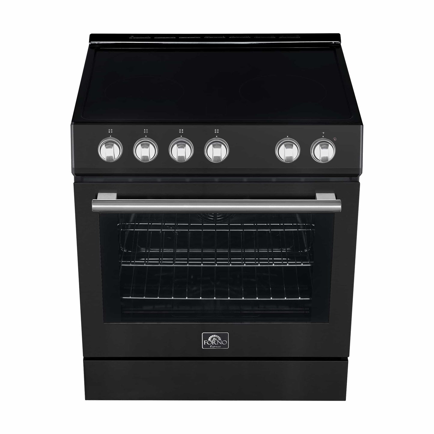 Forno 5-Piece Appliance Package - 30-Inch Electric Range, Under Cabinet Range Hood, French Door Refrigerator, Dishwasher, & 24-Inch Microwave Drawer in Black with Stainless Steel Trim - APR5-6012-30BLK