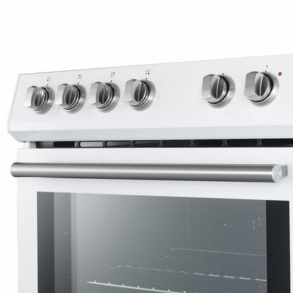 Forno 5-Piece Appliance Package - 30-Inch Electric Range, Under Cabinet Range Hood, Refrigerator with Water Dispenser, Dishwasher, and 30-Inch Microwave Drawer in White with Stainless Steel Trim - APW5-6012-30WHT-MWD30