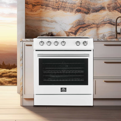 Forno 5-Piece Appliance Package - 30-Inch Electric Range, Under Cabinet Range Hood, Refrigerator with Water Dispenser, Dishwasher, and 30-Inch Microwave Drawer in White with Stainless Steel Trim - APW5-6012-30WHT-MWD30