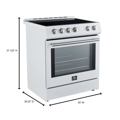 Forno 5-Piece Appliance Package - 30-Inch Induction Range, Under Cabinet Range Hood, Refrigerator with Water Dispenser, Dishwasher, and 30-Inch Microwave Drawer in White with Stainless Steel Trim - APW5-982-30WHT-MWD30