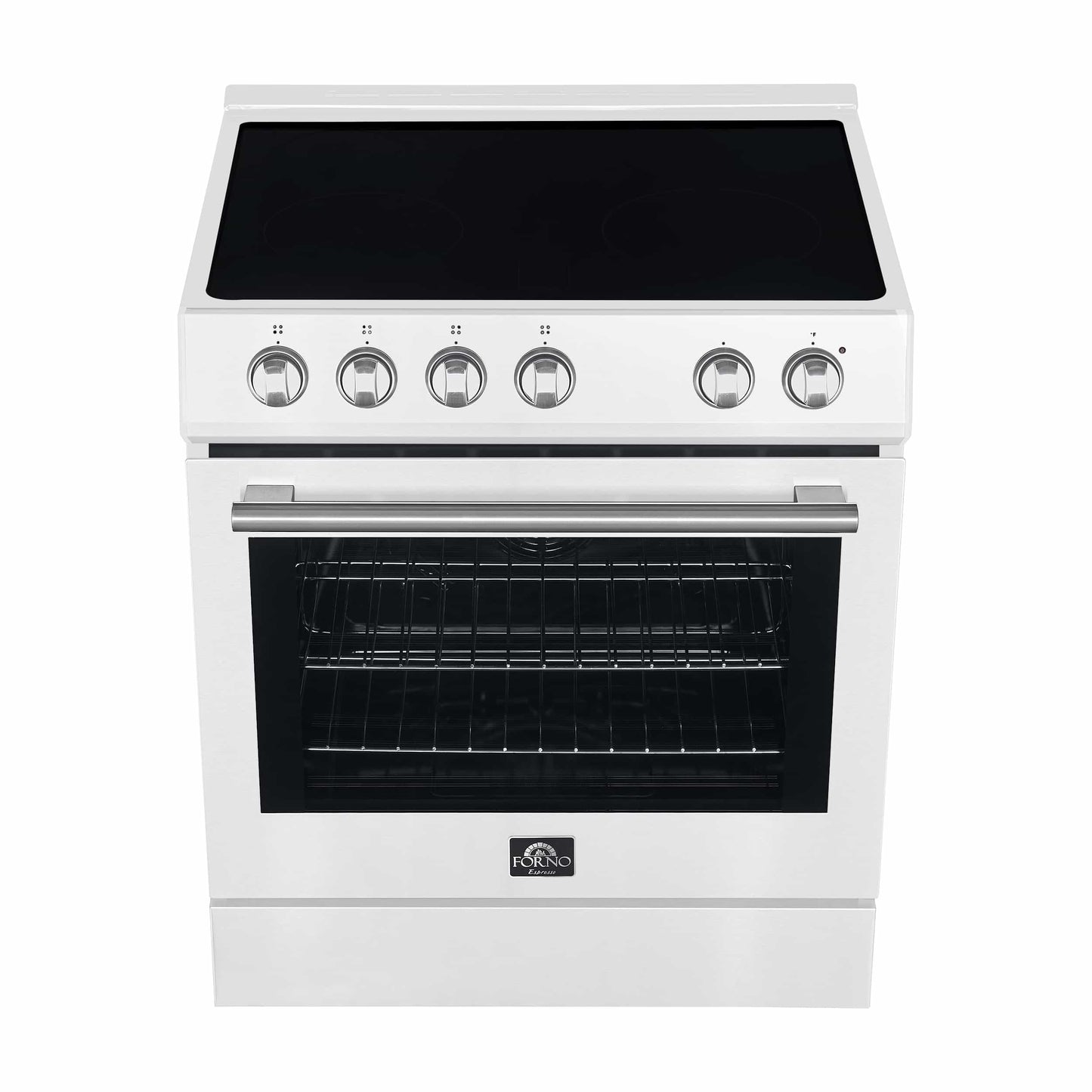 Forno 5-Piece Appliance Package - 30-Inch Electric Range, Under Cabinet Range Hood, French Door Refrigerator, Dishwasher, and 30-Inch Microwave Drawer in White with Stainless Steel Trim - APR5-6012-30WHT-MWD30