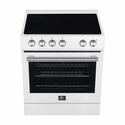 Forno 5-Piece Appliance Package - 30-Inch Electric Range, Under Cabinet Range Hood, Refrigerator with Water Dispenser, Dishwasher, and  Microwave Drawer in White with Stainless Steel Trim - APW5-6012-30WHT