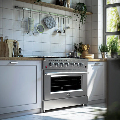 Forno 5-Piece Appliance Package - 36-Inch Gas Range, Wall Mount Range Hood, 36-Inch Refrigerator, Dishwasher, and 30-Inch Microwave Drawer in Stainless Steel - AP5-6244-36-5095-30MD