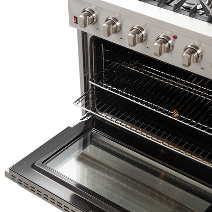 Forno 5-Piece Appliance Package - 36-Inch Gas Range, Wall Mount Range Hood, 36-Inch Refrigerator, Dishwasher, and 30-Inch Microwave Oven in Stainless Steel - AP5-6244-36-5095-30MO