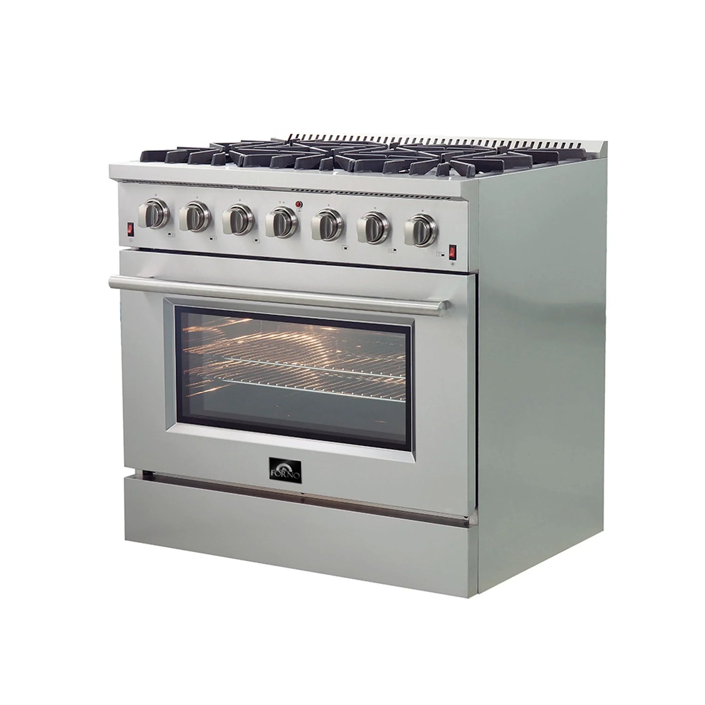 Forno 5-Piece Appliance Package - 36-Inch Gas Range, Wall Mount Range Hood, 60-Inch Refrigerator, Dishwasher, and 24-Inch Microwave Oven in Stainless Steel - AP5-6244-36-5095-60S-24MO
