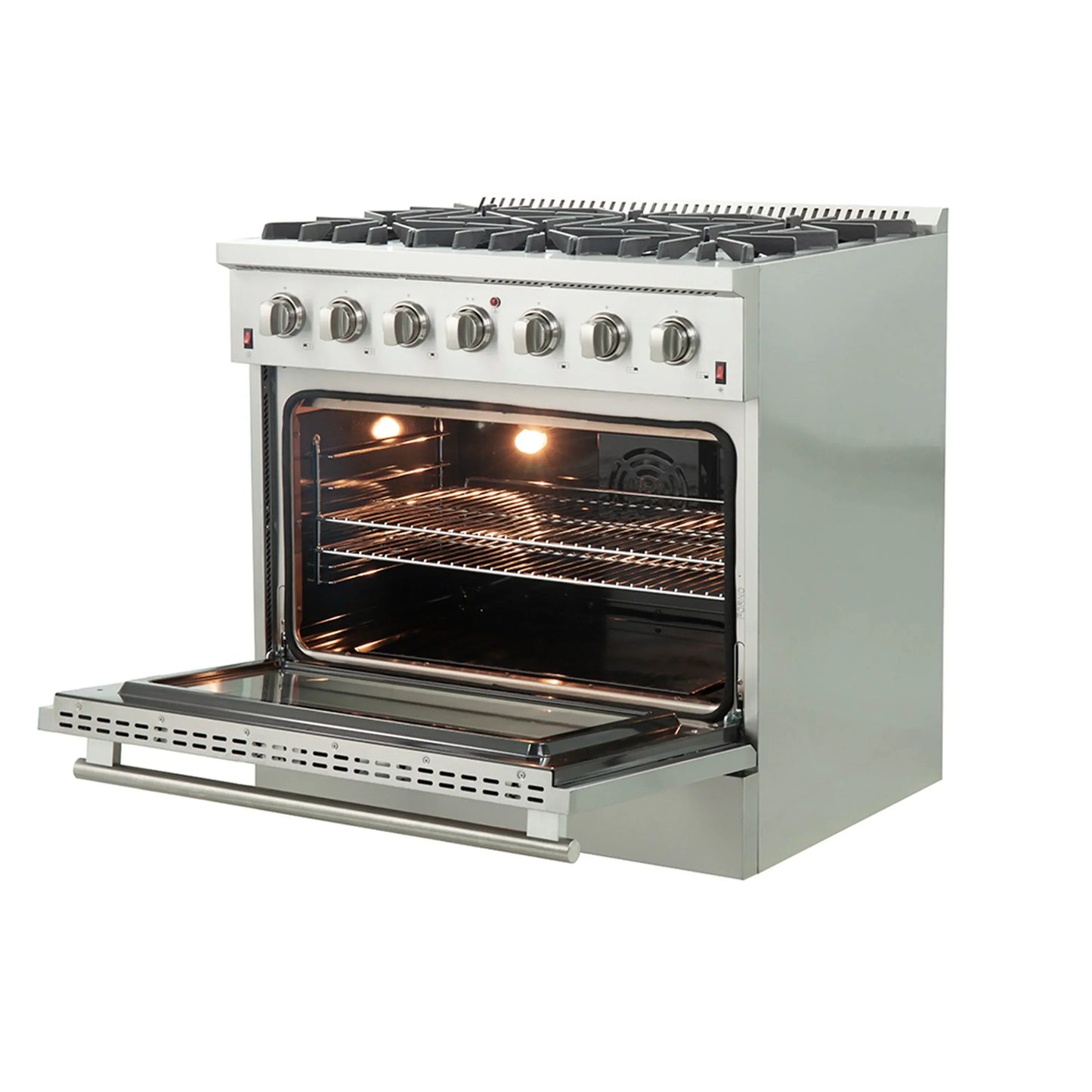 Forno 5-Piece Appliance Package - 36-Inch Gas Range, Wall Mount Range Hood, 36-Inch Refrigerator, Dishwasher, and 30-Inch Microwave Drawer in Stainless Steel - AP5-6244-36-5095-30MD