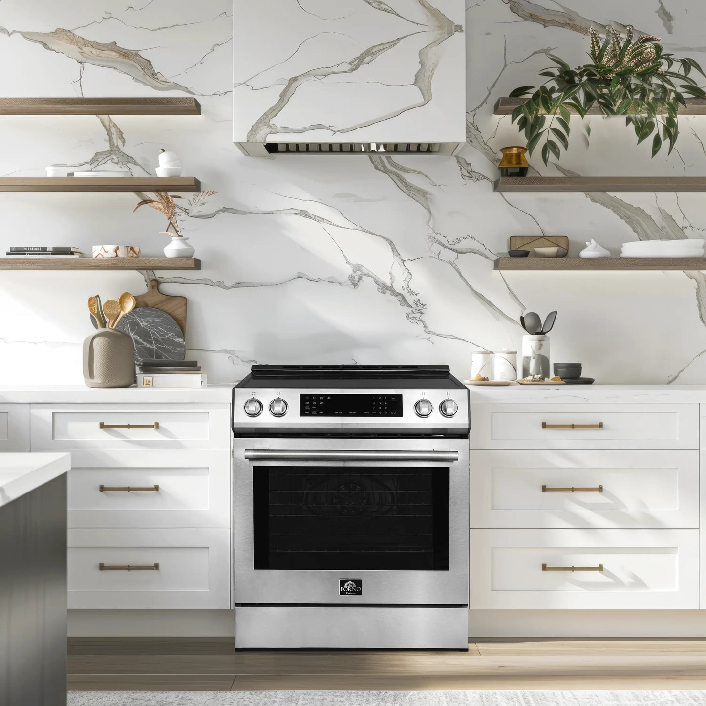Forno 5-Piece Appliance Package - 30-Inch Induction Range, Under Cabinet Range Hood, Refrigerator with Water Dispenser, Dishwasher, and 30-Inch Microwave Drawer in Stainless Steel - APW5-905-30-MWD30