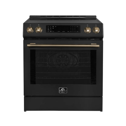 Forno 5-Piece Appliance Package - 30-Inch Induction Range, Under Cabinet Range Hood, Refrigerator, Dishwasher, and  Microwave Drawer in Black with Antique Brass Trim - APR5-905-30BLK