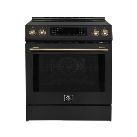 Forno 5-Piece Appliance Package - 30-Inch Induction Range, Under Cabinet Range Hood, Refrigerator, Dishwasher, and  Microwave Drawer in Black with Antique Brass Trim - APR5-905-30BLK