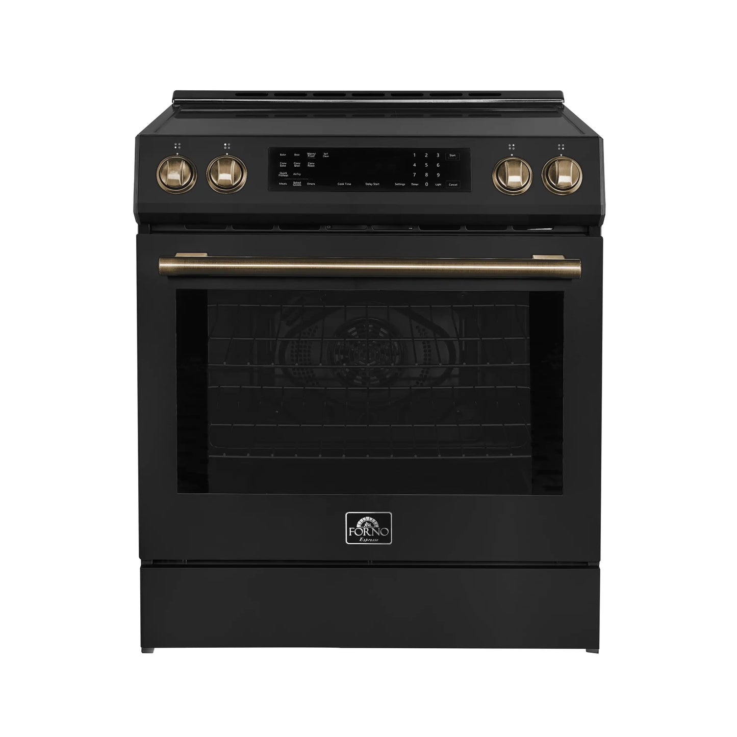 Forno 5-Piece Appliance Package - 30-Inch Induction Range, Under Cabinet Range Hood, Refrigerator with Water Dispenser, Dishwasher, and 30-Inch Microwave Oven in Black with Antique Brass Trim - APW5-905-30BLK-MWO30