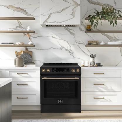 Forno 5-Piece Appliance Package - 30-Inch Inducton Range, Under Cabinet Range Hood, Refrigerator with Water Dispenser, Dishwasher, and 24-Inch Microwave Oven in Black with Antique Brass Trim - APW5-905-30BLK-MWO24