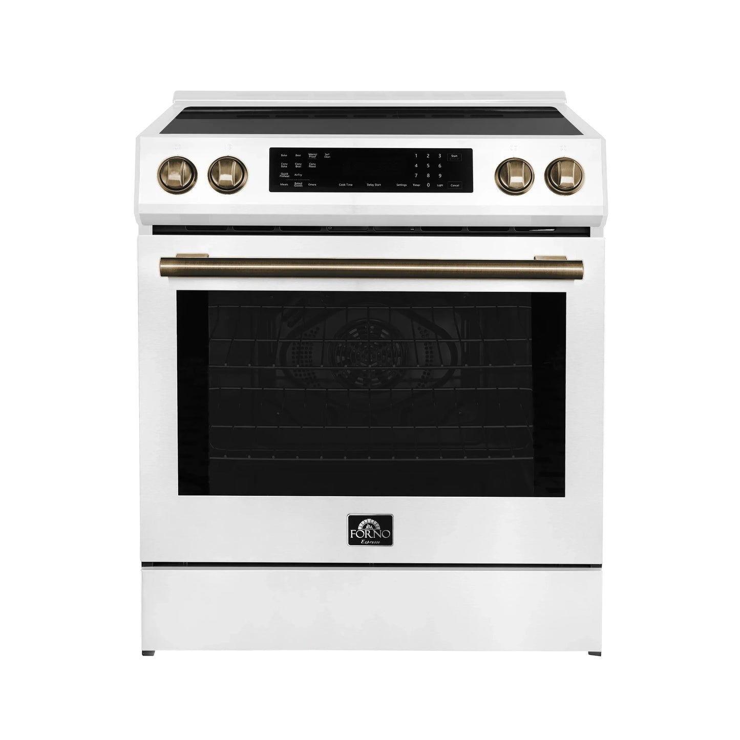 Forno 5-Piece Appliance Package - 30-Inch Induction Range, Under Cabinet Range Hood, Refrigerator, Dishwasher, and  Microwave Drawer in White with Antique Brass Trim - APR5-905-30WHT