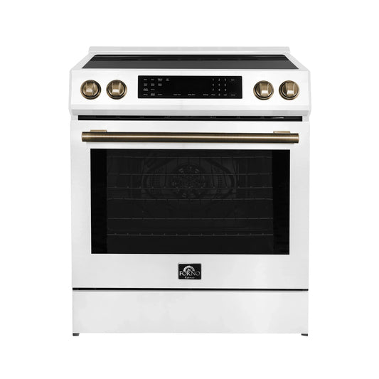 Forno 5-Piece Appliance Package - 30-Inch Induction Range, Under Cabinet Range Hood, Refrigerator, Dishwasher, and  Microwave Drawer in White with Antique Brass Trim - APR5-905-30WHT