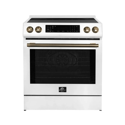 Forno 5-Piece Appliance Package - 30-Inch Induction Range, Under Cabinet Range Hood, Refrigerator with Water Dispenser, Dishwasher, and 30-Inch Microwave Oven in White with Antique Brass Trim - APW5-905-30WHT-MWO30